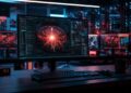 Monitor mostrando una visualización de IA neuronal roja como arma cibernética, en un centro de datos oscuro.