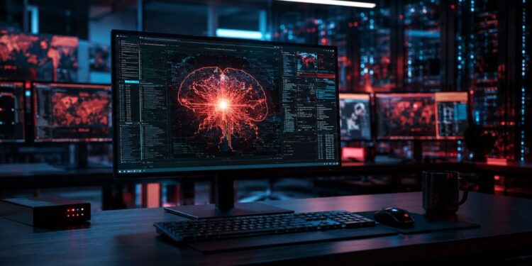 Monitor mostrando una visualización de IA neuronal roja como arma cibernética, en un centro de datos oscuro.