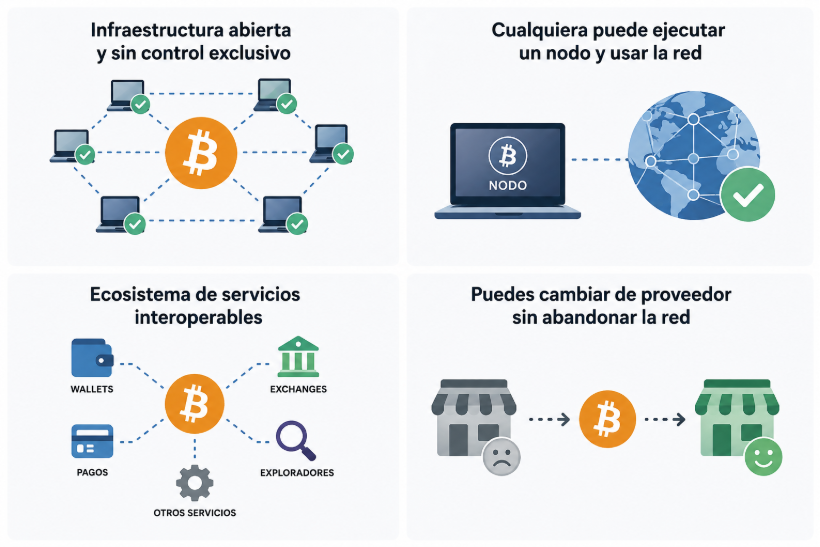 Infografía sobre Bitcoin como infraestructura abierta.