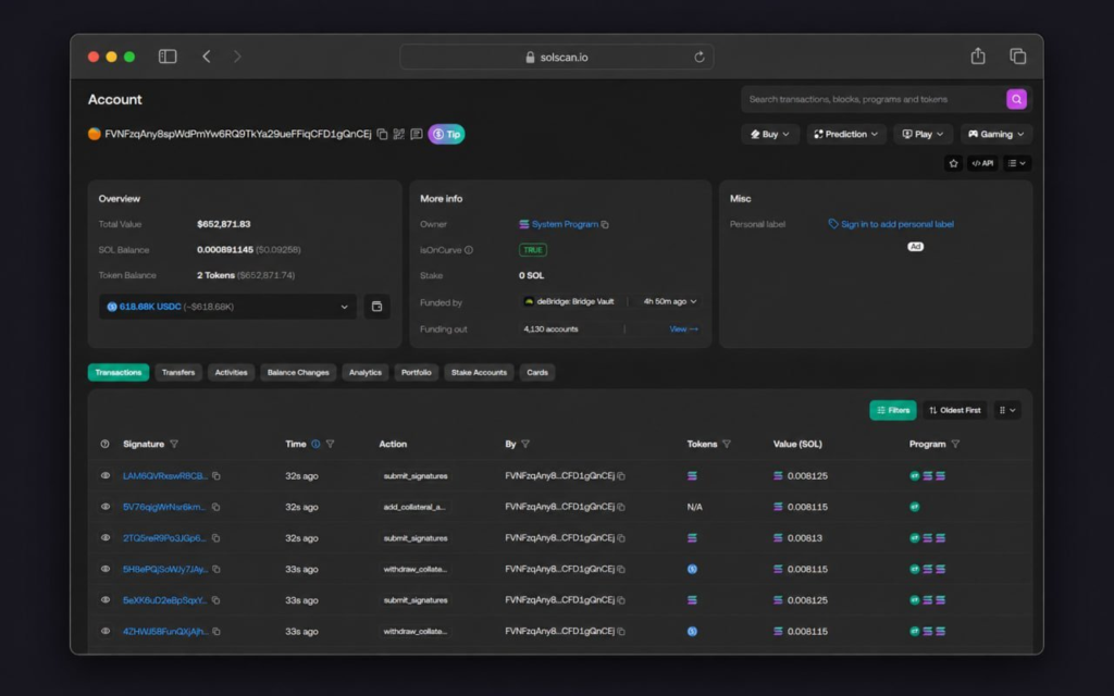 Captura de Solscan con el balance, tokens y transacciones recientes de una wallet de Solana.