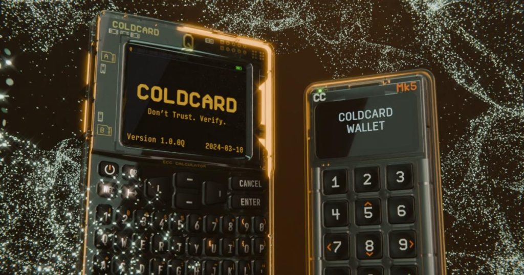 Dos hardware wallets Coldcard vistas a través de un vidrio roto