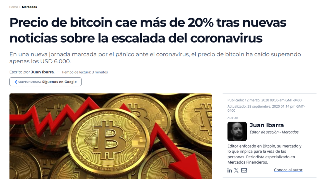 Captura de una vieja publicación de Criptonoticias sobre la caída de precio durante la pandemia.