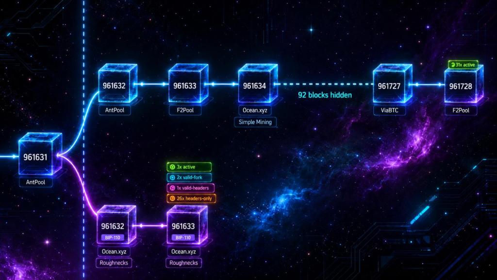 ilustración de cadenas de bloques que muestra los bloques de las dos cadenas de Bitcoin
