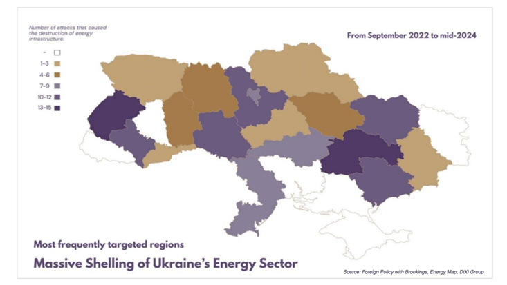 Mapa del país ucraniano que muestra todas las zonas donde resultó afectada la infraestructura eléctrica.
