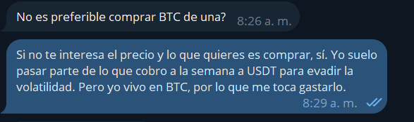 captura de un chat donde conversan sobre el mejor momento para comprar bitcoin