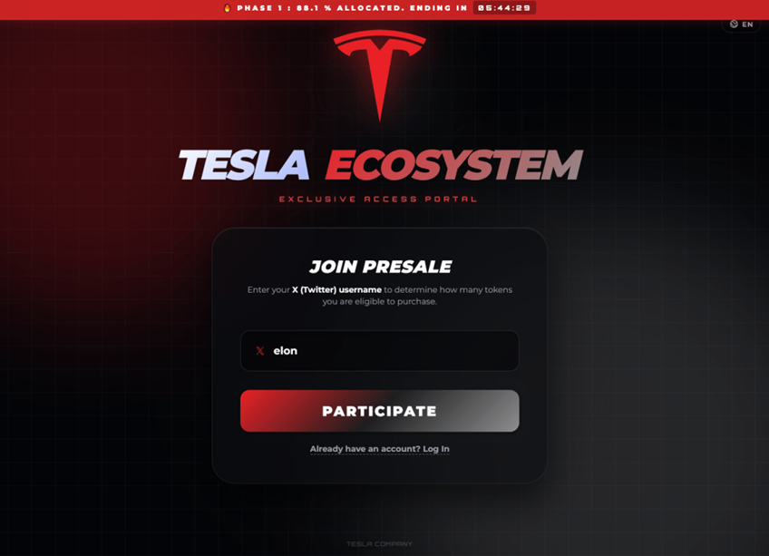 Plataforma falsa con el logo de Tesla que exige ingresar datos personales.