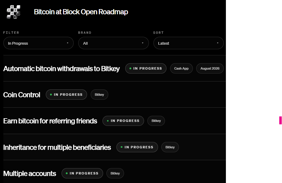Hoja de ruta de Block; pagina oficial de la empresa. Fondo negro que muestra los proyectos en curso con letras blancas.