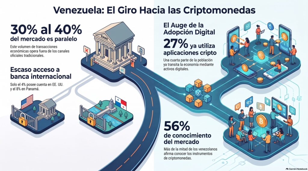 Infografía sobre datos de adopción de criptomonedas en Venezuela y acceso a cuentas bancarias internacionales.