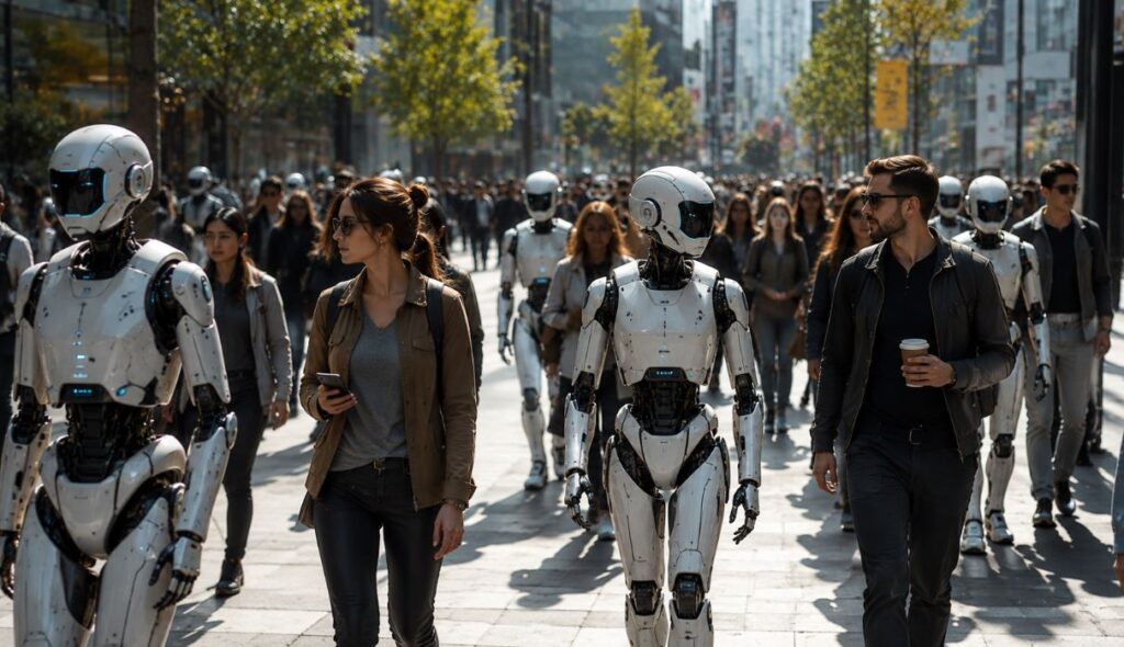 Personas caminando con robots de IA