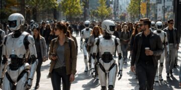 Personas caminando con robots de IA