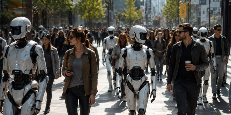 Personas caminando con robots de IA