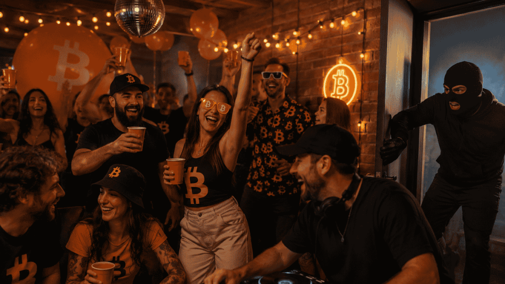 Una fiesta con temática bitcoiner. Un intruso entrando.