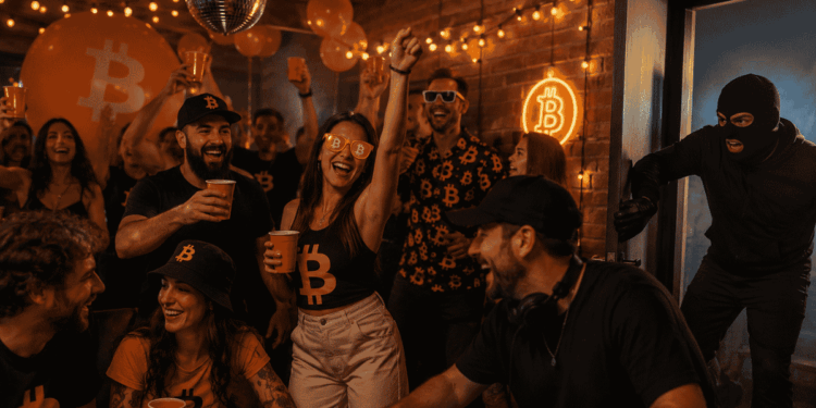 Una fiesta con temática bitcoiner. Un intruso entrando.