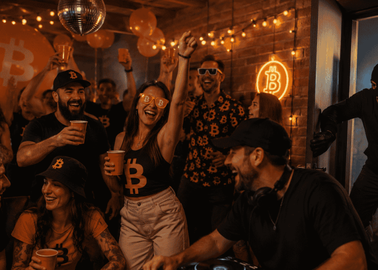 Una fiesta con temática bitcoiner. Un intruso entrando.