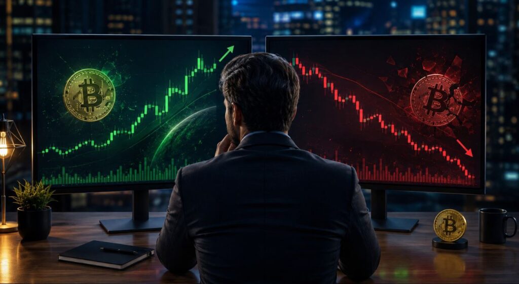 Una persona delante de pantallas que muestran gráfico del precio de bitcoin.