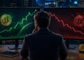 Una persona delante de pantallas que muestran gráfico del precio de bitcoin.