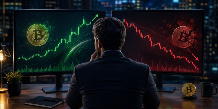 Una persona delante de pantallas que muestran gráfico del precio de bitcoin.
