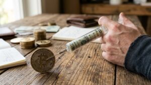 Una mano con una inyectadora cargada con dólares entrando en una moneda de bitcoin.