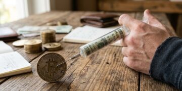 Una mano con una inyectadora cargada con dólares entrando en una moneda de bitcoin.
