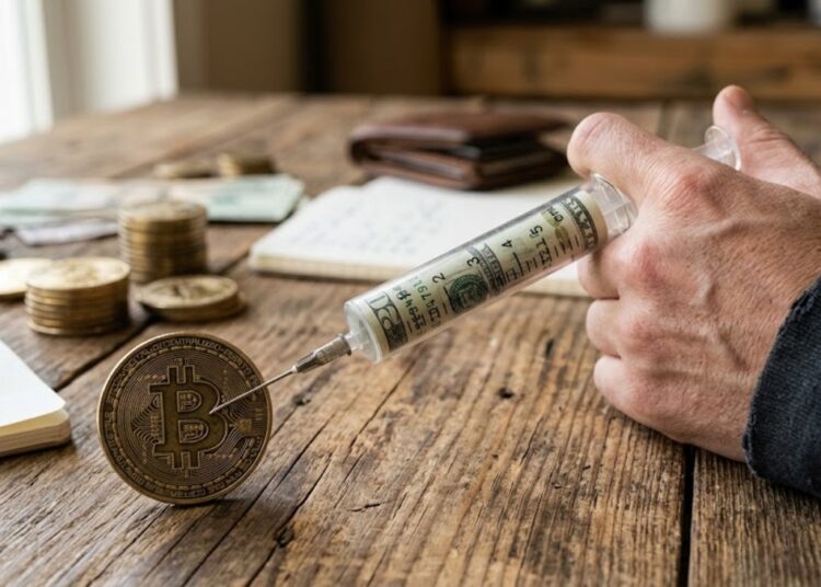 Una mano con una inyectadora cargada con dólares entrando en una moneda de bitcoin.