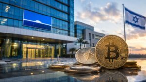 Monedas de Bitcoin y Ethereum frente a un edificio de oficinas moderno en Israel.