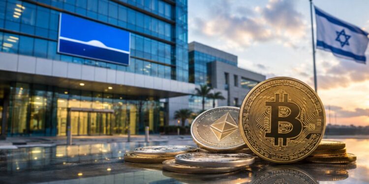 Monedas de Bitcoin y Ethereum frente a un edificio de oficinas moderno en Israel.