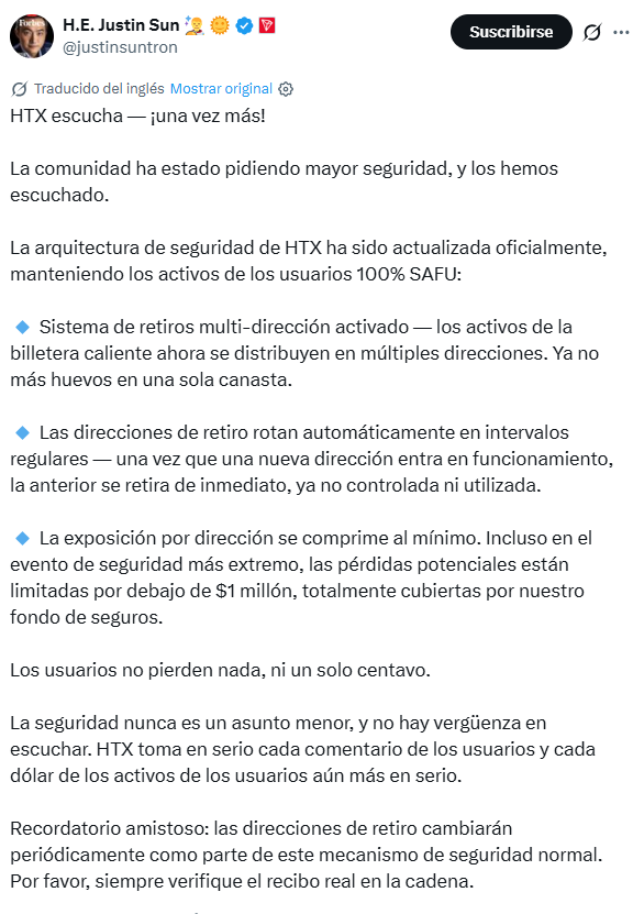 Publicación en X de Justin Sun.