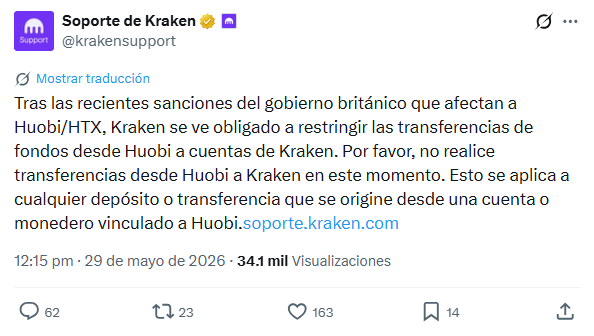 Publicación de Kraken en X traducida automáticamente por Google.