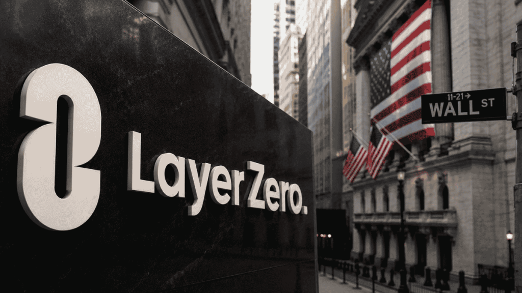 Letrero con el logo de LayerZero en Wall Street.
