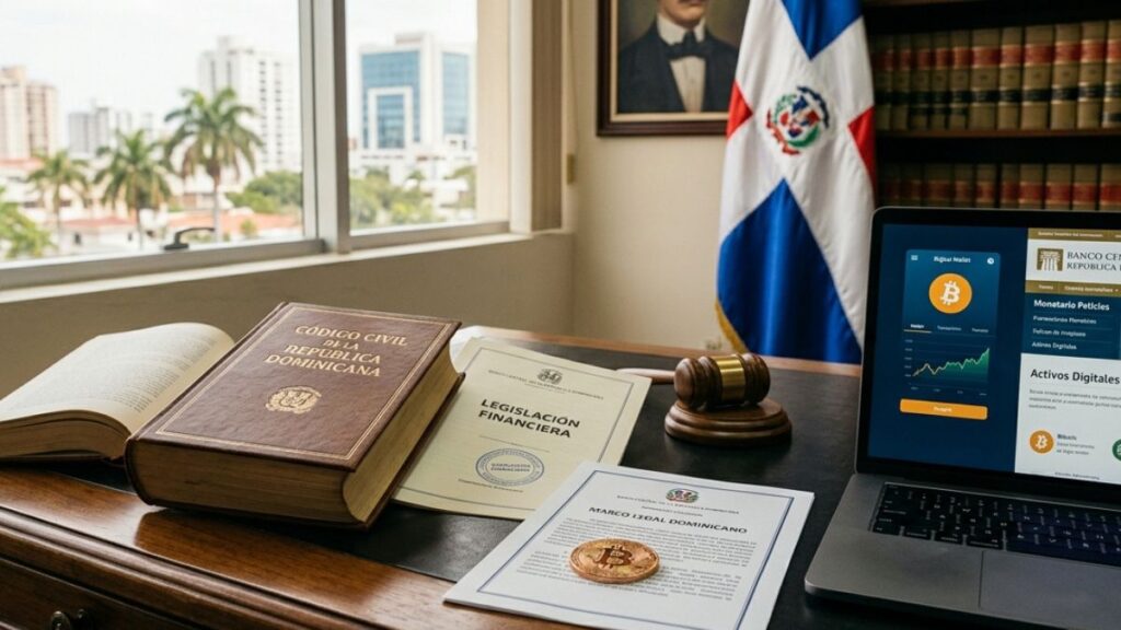 Una moneda física de Bitcoin sobre un documento oficial junto a leyes financieras en un escritorio, con la bandera dominicana de fondo.