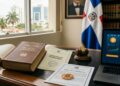 Una moneda física de Bitcoin sobre un documento oficial junto a leyes financieras en un escritorio, con la bandera dominicana de fondo.