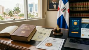 Una moneda física de Bitcoin sobre un documento oficial junto a leyes financieras en un escritorio, con la bandera dominicana de fondo.