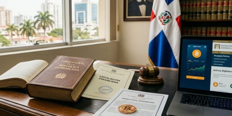 Una moneda física de Bitcoin sobre un documento oficial junto a leyes financieras en un escritorio, con la bandera dominicana de fondo.