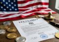 Documento que dice Ley Clarity, junto a criptomonedas alrededor y de fondo la bandera de EE. UU.