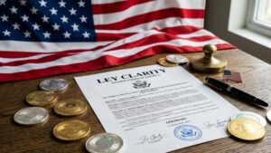 Documento que dice Ley Clarity, junto a criptomonedas alrededor y de fondo la bandera de EE. UU.