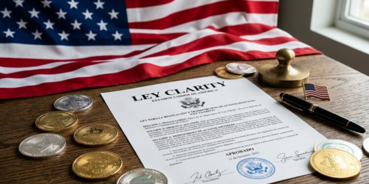 Documento que dice Ley Clarity, junto a criptomonedas alrededor y de fondo la bandera de EE. UU.