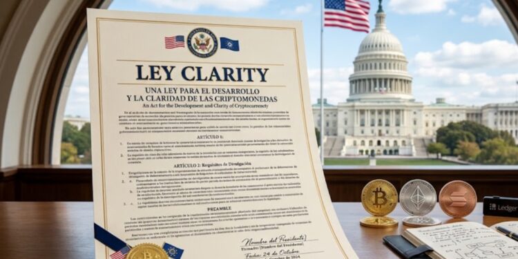 Documento que dice Ley Clarity, con la bandera de EE. UU. y el Capitolio.