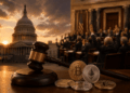 Senado de EE. UU. y criptomonedas representados con un mazo judicial.
