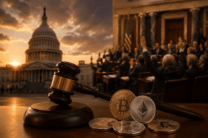 Senado de EE. UU. y criptomonedas representados con un mazo judicial.