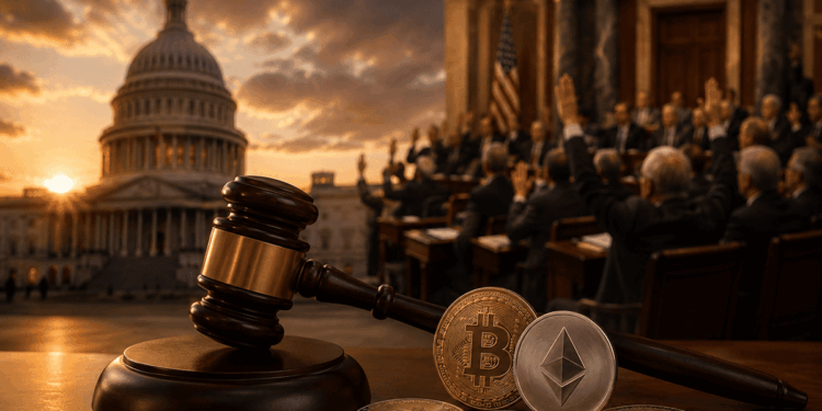 Senado de EE. UU. y criptomonedas representados con un mazo judicial.