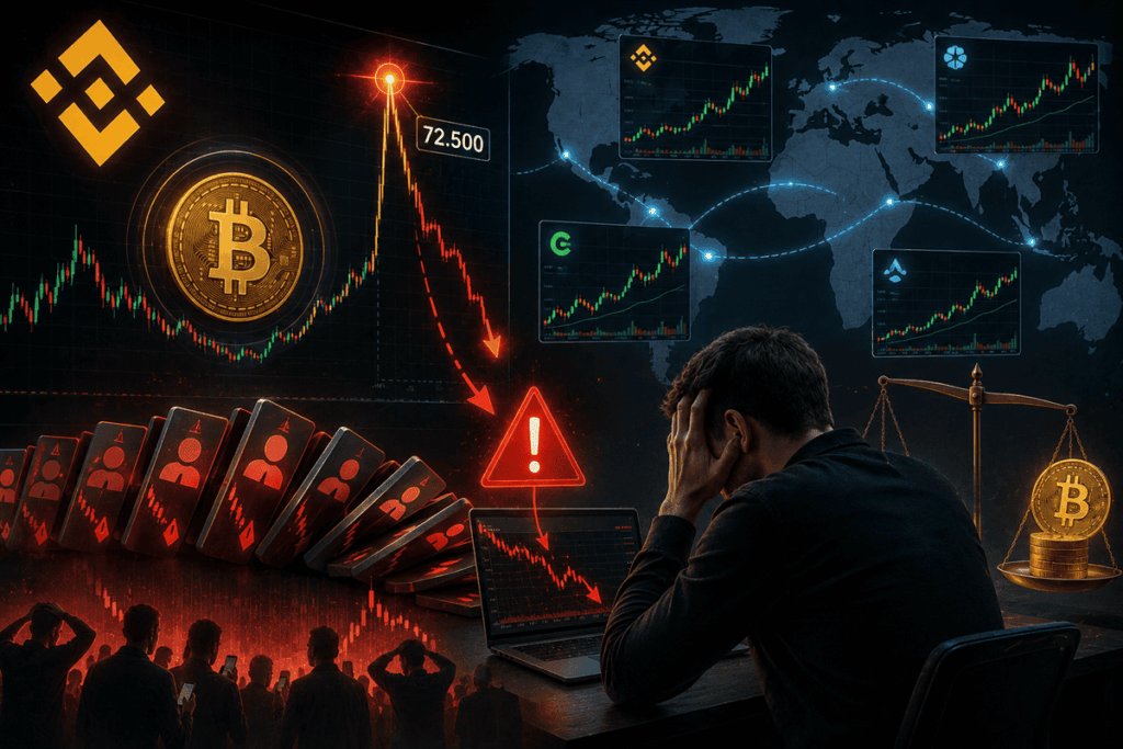 Bitcoin se desploma en un gráfico mientras traders enfrentan liquidaciones y señales de alerta