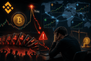 Bitcoin se desploma en un gráfico mientras traders enfrentan liquidaciones y señales de alerta