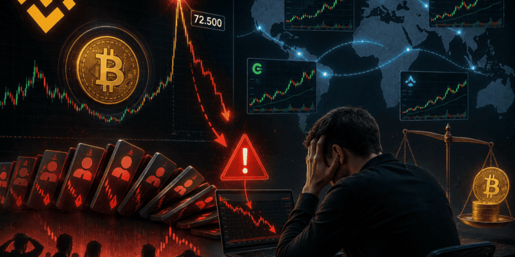 Bitcoin se desploma en un gráfico mientras traders enfrentan liquidaciones y señales de alerta
