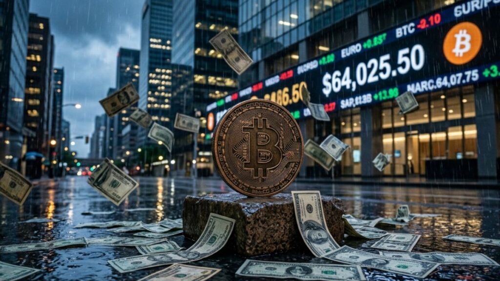 Moneda física de Bitcoin sobre un bloque de piedra rodeada de billetes de dólar cayendo en una calle financiera bajo la lluvia.