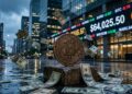 Moneda física de Bitcoin sobre un bloque de piedra rodeada de billetes de dólar cayendo en una calle financiera bajo la lluvia.