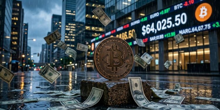 Moneda física de Bitcoin sobre un bloque de piedra rodeada de billetes de dólar cayendo en una calle financiera bajo la lluvia.