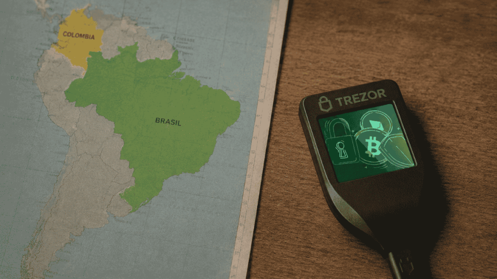 Mapa de Sudamérica y wallet Trezor.