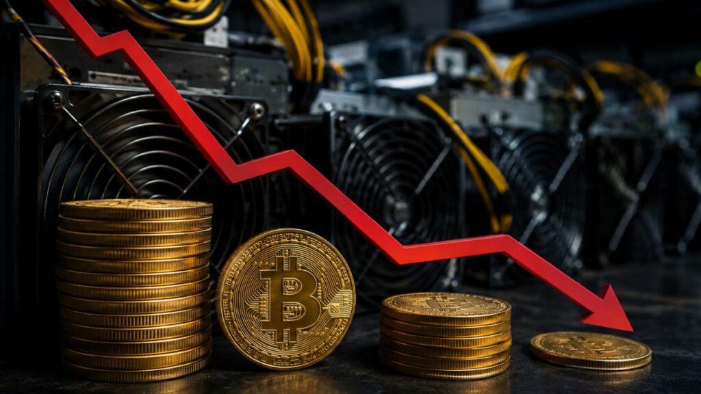 Una línea roja que cae en forma de zig-zag sobre las pilas de Bitcoin.