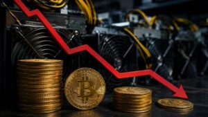 Una línea roja que cae en forma de zig-zag sobre las pilas de Bitcoin.
