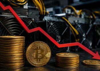 Una línea roja que cae en forma de zig-zag sobre las pilas de Bitcoin.